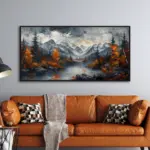 Yağlı Boya Dokulu Tablo Modern Karlı Doğan Manzarası Siyah Çerçeveli