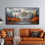 Yağlı Boya Dokulu Tablo Modern Karlı Doğan Manzarası Siyah Çerçeveli