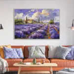 Yağlı Boya Dokulu Tablo Lavanta Tarlasında Evler Gümüş Çerçeveli