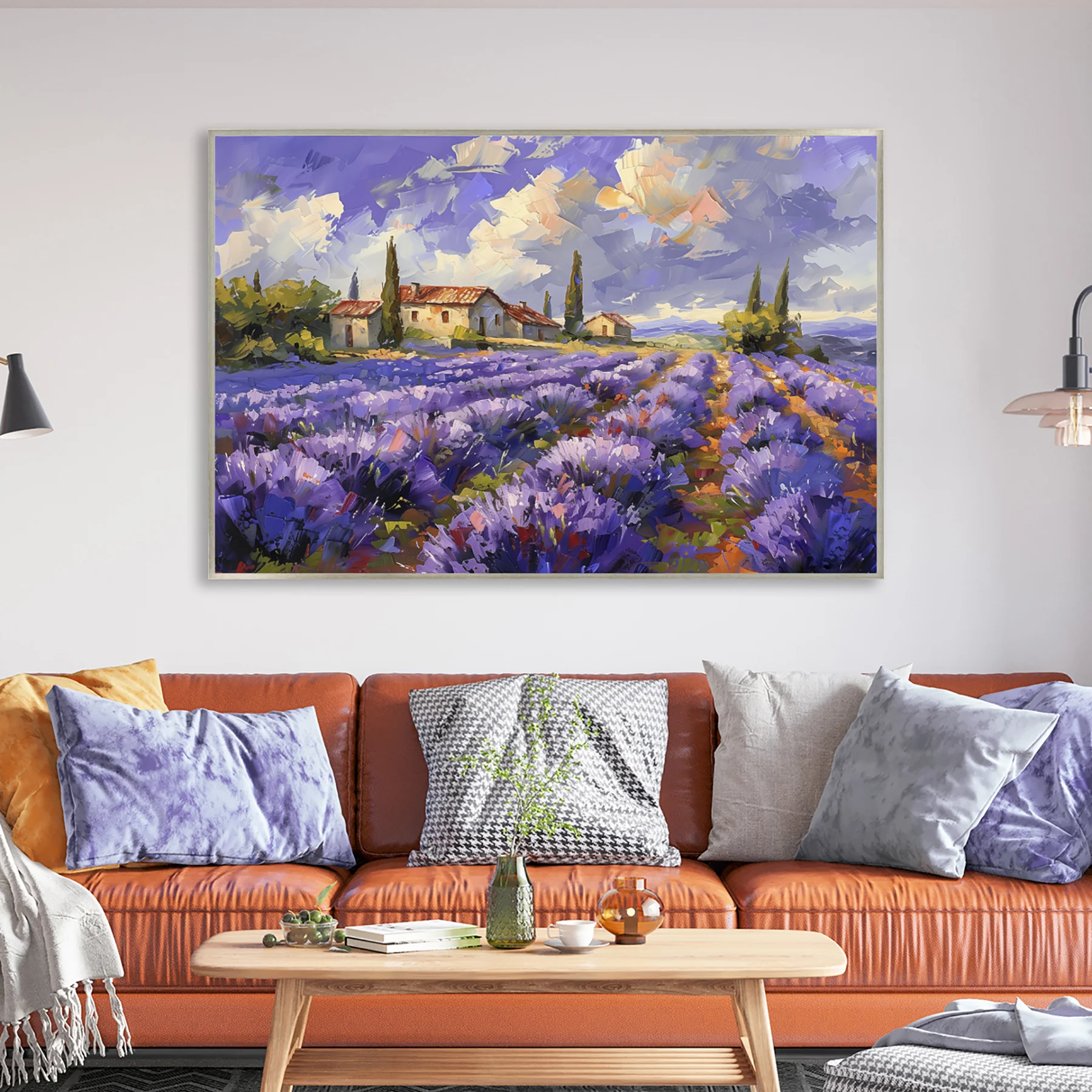U06029-01 Yağlı Boya Dokulu Tablo Lavanta Tarlasında Evler Gümüş Çerçeveli - Görsel 1