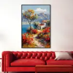 Yağlı Boya Dokulu Tablo Kırmızı Gelincikler ve Köy Evi Manzarası Siyah Çerçeveli