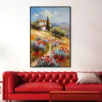 Yağlı Boya Dokulu Tablo Kırmızı Gelincikler ve Köy Evi Manzarası Siyah Çerçeveli