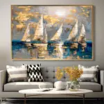 Yağlı Boya Dokulu Tablo Modern Denizde Yelkenliler Altın Çerçeveli