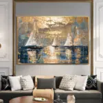 Yağlı Boya Dokulu Tablo Modern Denizde Yelkenliler Altın Çerçeveli