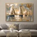 Yağlı Boya Dokulu Tablo Modern Denizde Yelkenliler Altın Çerçeveli