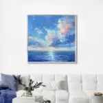 Yağlı Boya Dokulu Tablo Soyut Deniz ve Gökyüzü Manzarası Gümüş Çerçeveli