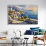 Yağlı Boya Dokulu Tablo Modern Spatula Akdeniz Evleri Manzarası Gümüş Çerçeveli