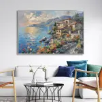 Yağlı Boya Dokulu Tablo Modern Spatula Akdeniz Evleri Manzarası Gümüş Çerçeveli