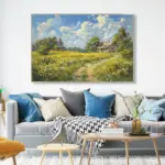 Yağlı Boya Dokulu Tablo Yeşil Doğa ve Köy Evleri Manzarası Gümüş Çerçeveli