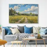 Yağlı Boya Dokulu Tablo Yeşil Doğa ve Köy Evleri Manzarası Gümüş Çerçeveli