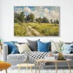 Yağlı Boya Dokulu Tablo Yeşil Doğa ve Köy Evleri Manzarası Gümüş Çerçeveli