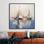 Yağlı Boya Dokulu Tablo Soyut Yelkenliler Siyah Çerçeveli