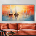 Yağlı Boya Dokulu Tablo Gün Batımında Modern Yelkenliler Siyah Çerçeveli