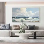 Yağlı Boya Dokulu Tablo Kıyıya Vuran Dalgalar Gümüş Çerçeveli