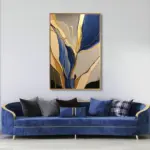 Yağlı Boya Dokulu Tablo Mavi Bej Altın Soyut Altın Çerçeveli