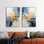 Yağlı Boya Dokulu Tablo Mavi Kahve Bej Soyut İkili Set Altın Çerçeveli