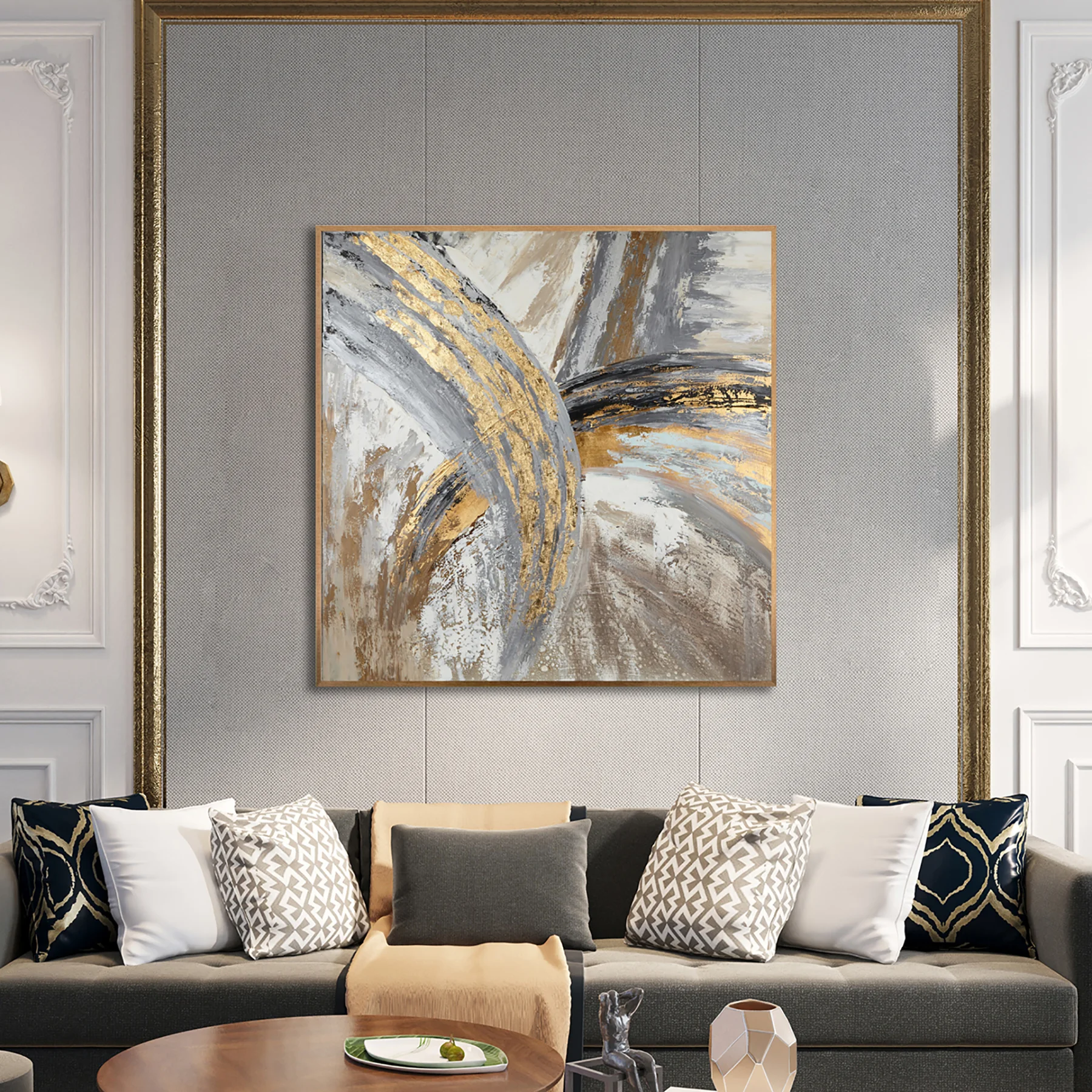 U08004-01 Yağlı Boya Dokulu Tablo Kahve Gold Soyut Altın Çerçeveli - Görsel 1