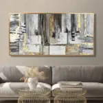 Yağlı Boya Dokulu Tablo Siyah Beyaz Altın Soyut Altın Çerçeveli