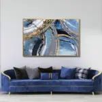 Yağlı Boya Dokulu Tablo Mavi Gold Soyut Altın Çerçeveli