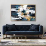 Yağlı Boya Dokulu Tablo Lacivert Beyaz Altın Soyut Altın Çerçeveli