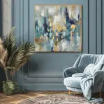 Yağlı Boya Dokulu Tablo Mavi Gri Altın Soyut Altın Çerçeveli