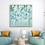 Yağlı Boya Dokulu Tablo Mavi Spatula Soyut Altın Çerçeveli