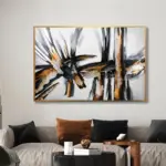 Yağlı Boya Dokulu Tablo Siyah Beyaz Kahve Soyut Altın Çerçeveli