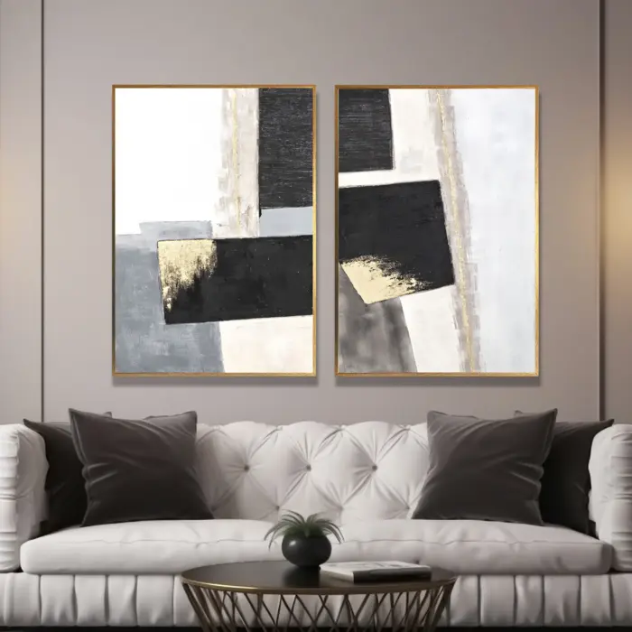 Yağlı Boya Dokulu Tablo Siyah Gri Gold Soyut İkili Set Altın Çerçeveli - Görsel 1