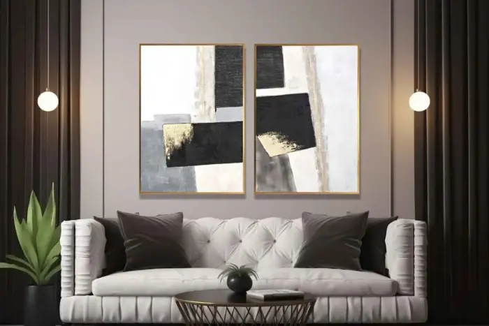Yağlı Boya Dokulu Tablo Siyah Gri Gold Soyut İkili Set Altın Çerçeveli - Görsel 2