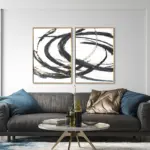 Yağlı Boya Dokulu Tablo Siyah Beyaz Altın Gold Soyut İkili Set Altın Çerçeveli