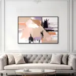 Yağlı Boya Dokulu TabloLila Bej Soyut Siyah Çerçeveli