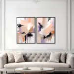 Yağlı Boya Dokulu TabloLila Bej Soyut İkili Set Siyah Çerçeveli