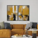 Yağlı Boya Dokulu Tablo Kahve Siyah Bej Soyut İkili Set Siyah Çerçeveli