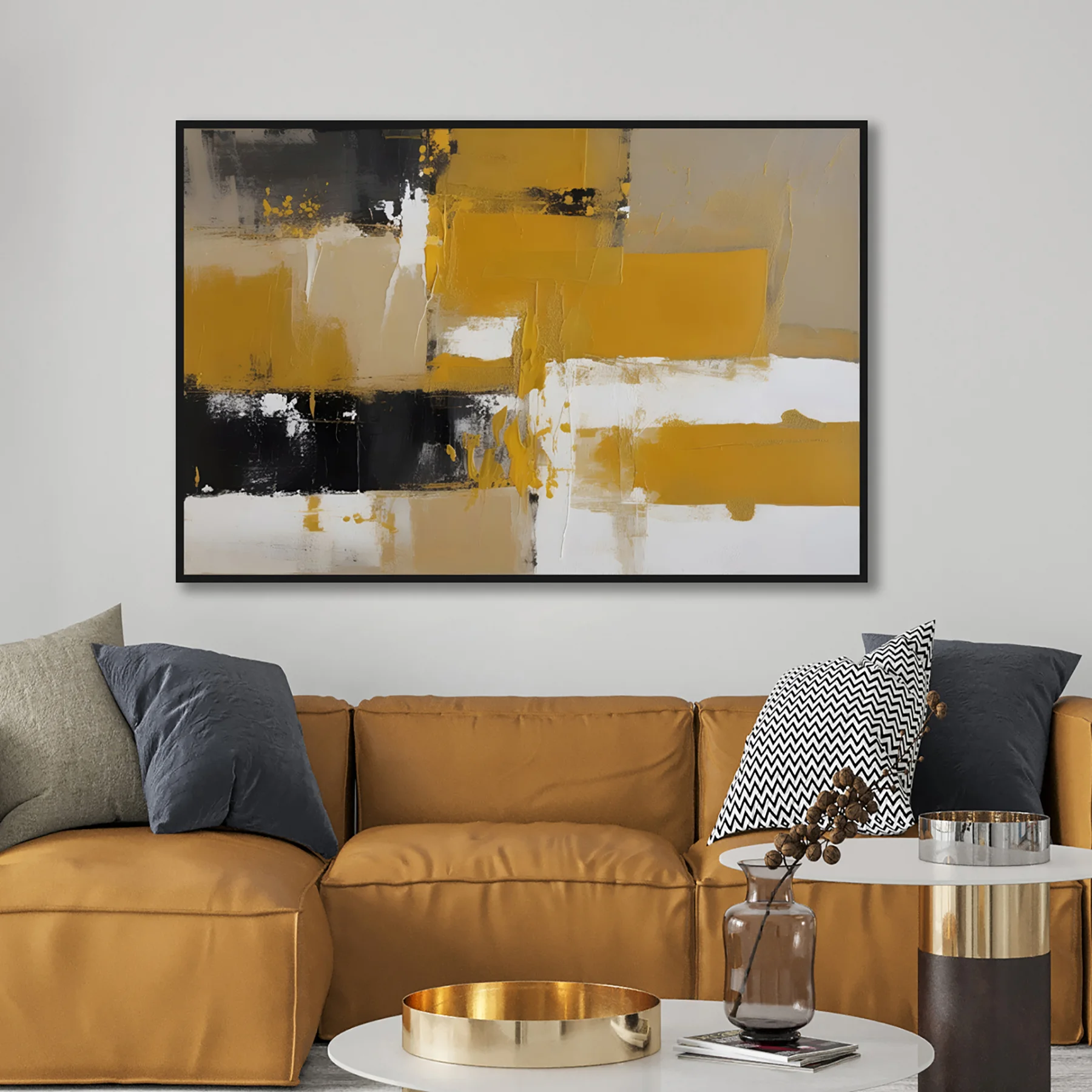 U08024-01 Yağlı Boya Dokulu Tablo Kahve Siyah Soyut Siyah Çerçeveli - Görsel 1