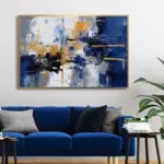 Yağlı Boya Dokulu Tablo Lacivert Beyaz Kahve Soyut Altın Çerçeveli