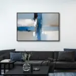 Yağlı Boya Dokulu Tablo Mavi Gri Beyaz Soyut Siyah Çerçeveli