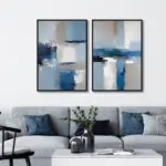 Yağlı Boya Dokulu Tablo Mavi Gri Beyaz Soyut İkili Set Siyah Çerçeveli