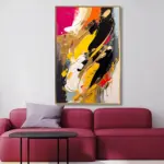 Yağlı Boya Dokulu Tablo Sarı Siyah Fuşya Soyut Altın Çerçeveli