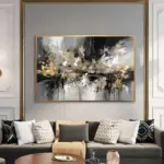 Yağlı Boya Dokulu Tablo Siyah Beyaz Gold Soyut Altın Çerçeveli