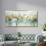 Yağlı Boya Dokulu Tablo Yeşil Altın Soyut Şehir Manzarası Altın Çerçeveli