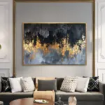 Yağlı Boya Dokulu Tablo Siyah Gri Altın Şehir Manzara Altın Çerçeveli