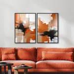 Yağlı Boya Dokulu Tablo Kahve Bej Siyah Soyut İkili Set Siyah Çerçeveli