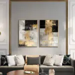 Yağlı Boya Dokulu Tablo Siyah Gri Altın Soyut İkili Set Altın Çerçeveli