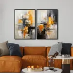 Yağlı Boya Dokulu Tablo Siyah Beyaz Kahve Soyut İkili Set Siyah Çerçeveli