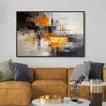 Yağlı Boya Dokulu Tablo Siyah Beyaz Turuncu Soyut Siyah Çerçeveli