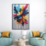 Yağlı Boya Dokulu Tablo Soyut Renkli Çiçek Siyah Çerçeveli