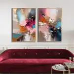 Yağlı Boya Dokulu Tablo Renkli Soyut İkili Set Altın Çerçeveli