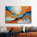 Yağlı Boya Dokulu Tablo Mavi Turuncu Beyaz Soyut Altın Çerçeveli