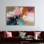 Yağlı Boya Dokulu Tablo Mor Pembe Mavi Soyut Altın Çerçeveli