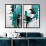 Yağlı Boya Dokulu Tablo Yeşil Siyah Beyaz Soyut İkili Set Siyah Çerçeveli